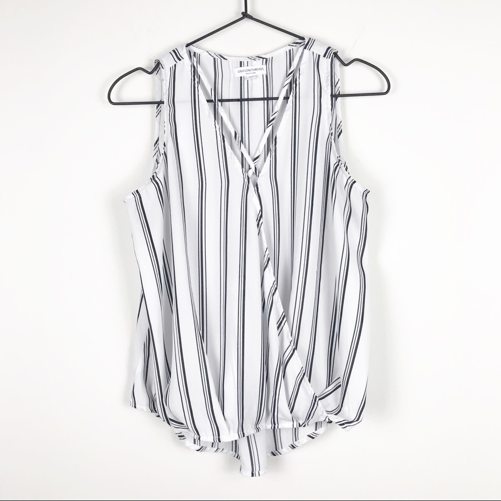 GRAYSON THREADS Faux Wrap Stripe Sleeveless Blouse
